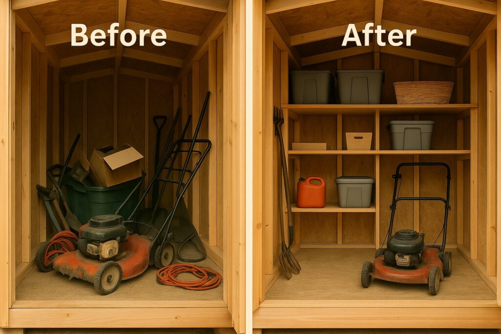 before after shed shelving Outdoor Options Storage For Your Life before after shed shelving Storage For Your Life Outdoor Options Blog