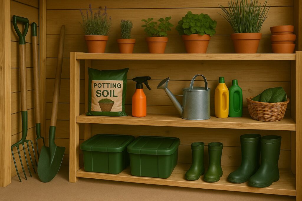 garden shed shelving Outdoor Options Storage For Your Life Interior of a wooden garden shed featuring neatly arranged shelves with potted herbs, potting soil, watering cans, green bins, and gardening boots