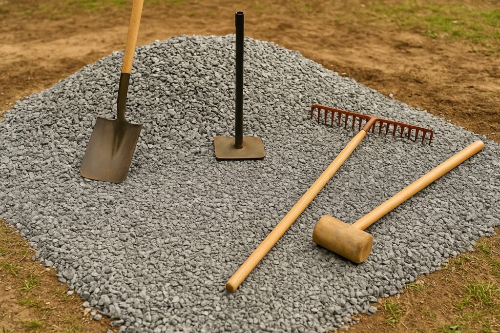 Concrete shed foundation with wooden framing and smooth, freshly poured concrete surface, set in a backyard.