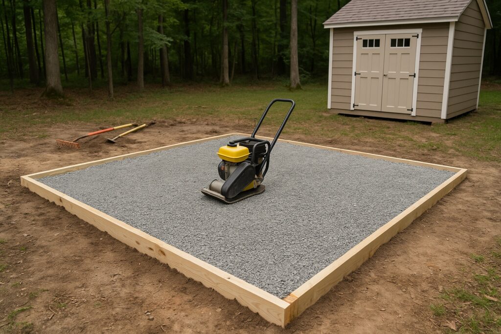 A compacted gravel foundation with a compactor tool in the center and a beige shed nearby in a wooded area.