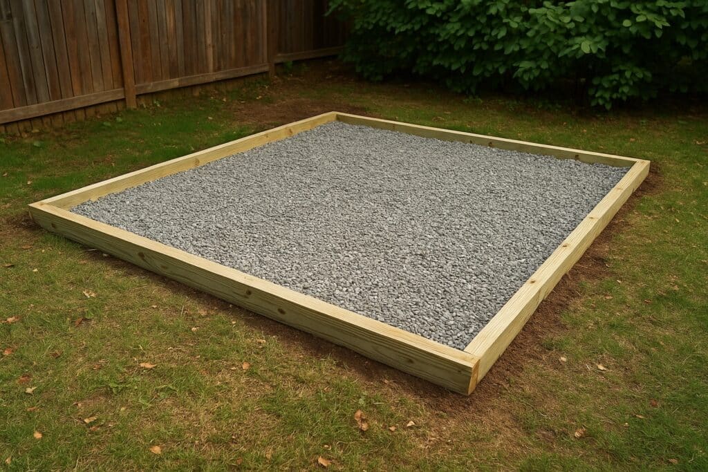 A square gravel shed foundation framed with wooden boards on a grassy lawn.