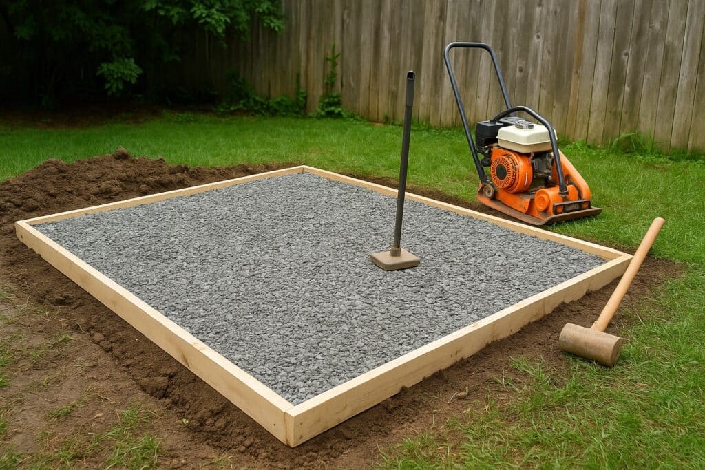 A gravel pad foundation with a tamper tool and compactor machine nearby, in a fenced yard.