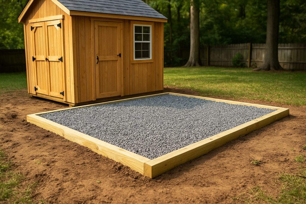 A wooden shed sits on a finished gravel foundation bordered with pressure-treated lumber, in a fenced backyard.
