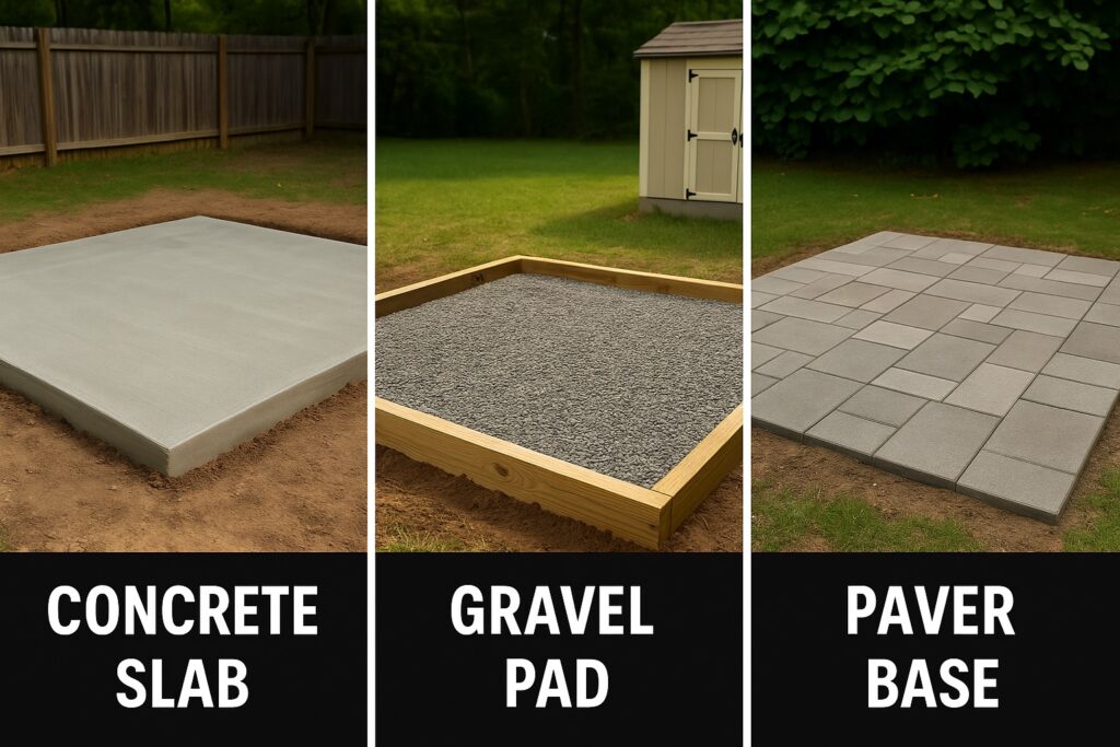 Side-by-side comparison of three shed foundation types: concrete slab, gravel pad, and paver foundation in a grassy outdoor setting.