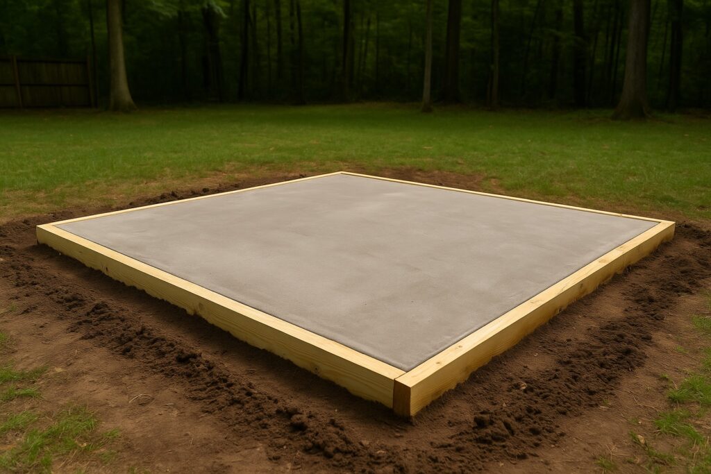 Freshly poured concrete slab foundation framed with wood, set in a grassy backyard, ready for shed installation.

